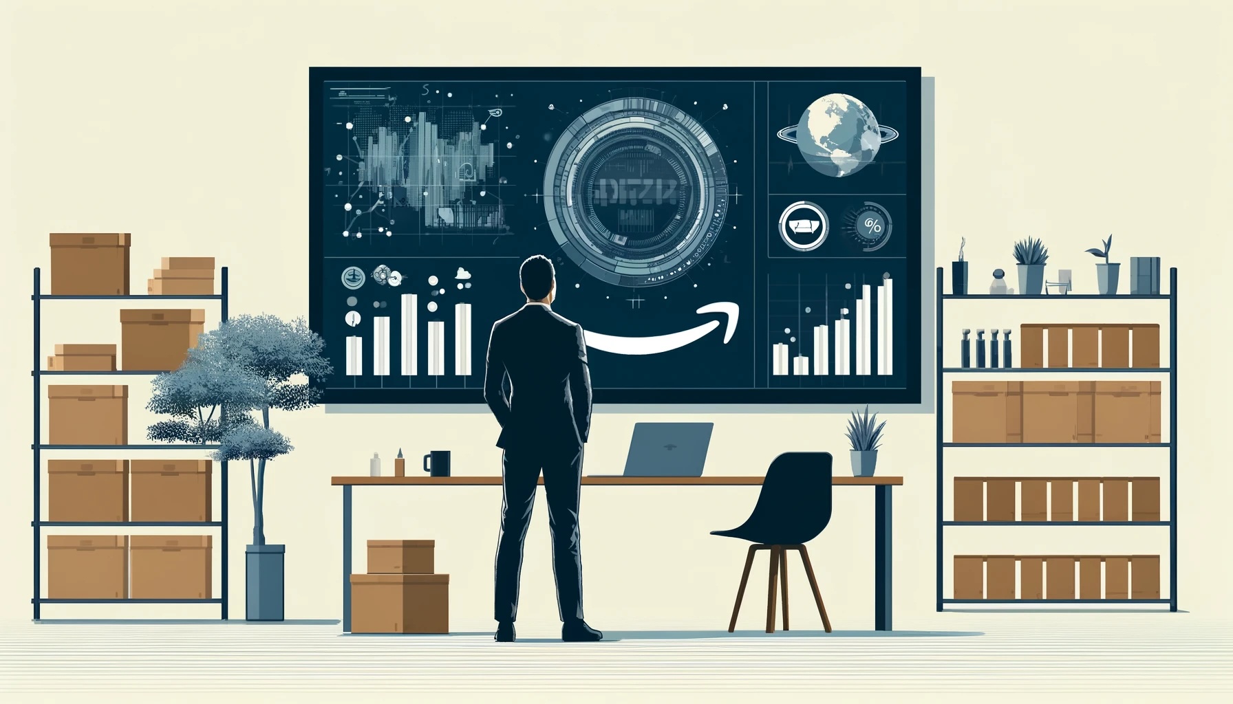 A graphic image of a businessman looking at a complicated graph on a blackboard showing ecommerce success