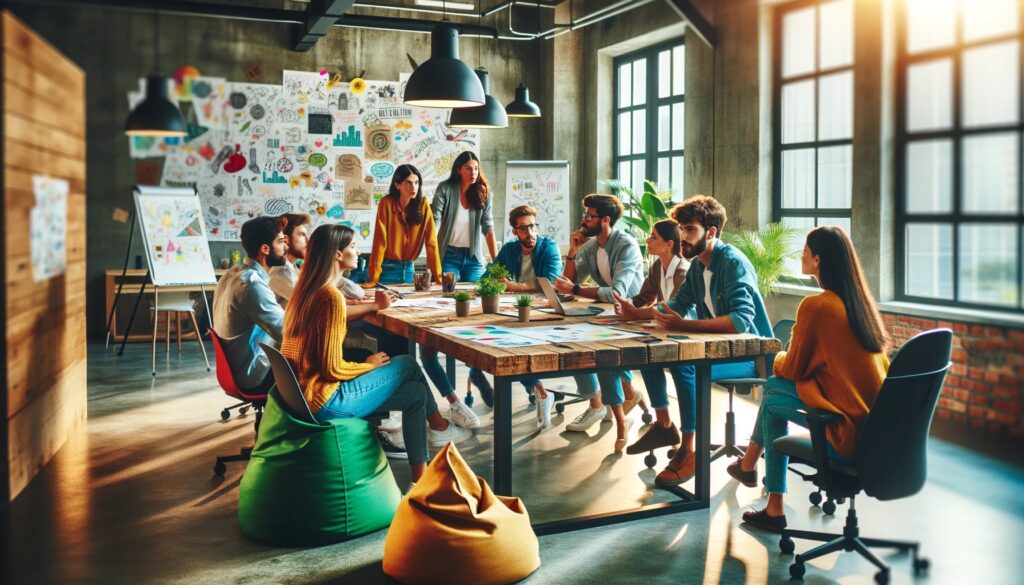 A graphic image of a large work table with 15 young entrepreneurs having a meeting 