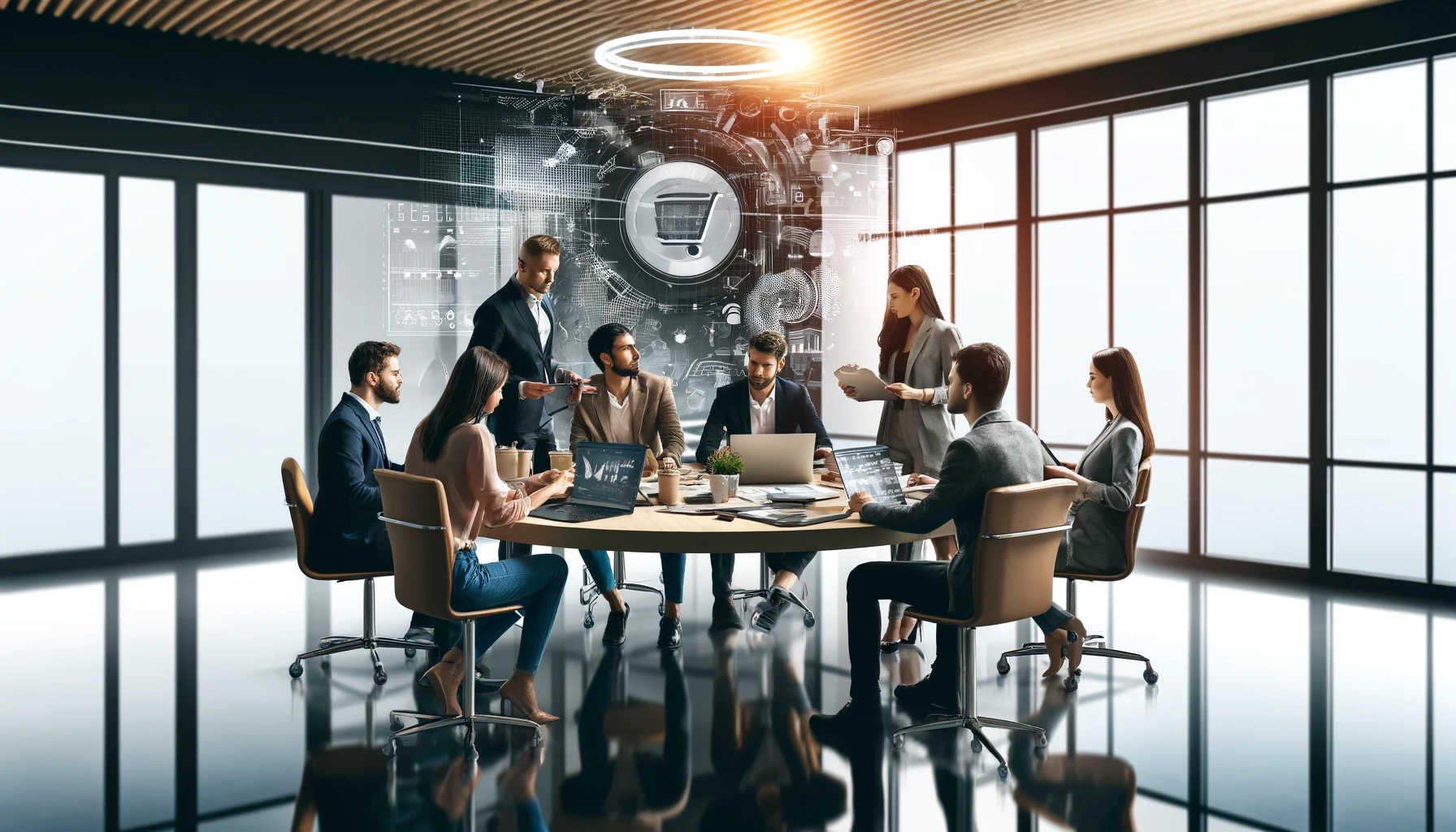 A modern office meeting room with 8 successful looking professionals sitting around a table looking at open laptops discussing business strategy