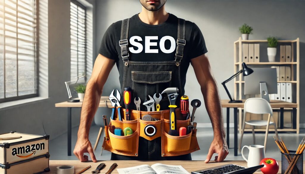 an Amazon seller wearing a toolbelt with an SEO shirt