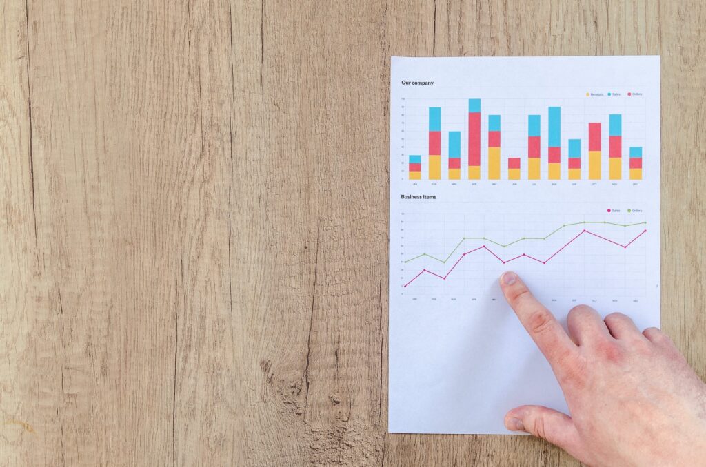 A single hand pointing at a graph trending upwards on a white peice of paper on a wooden grain desk