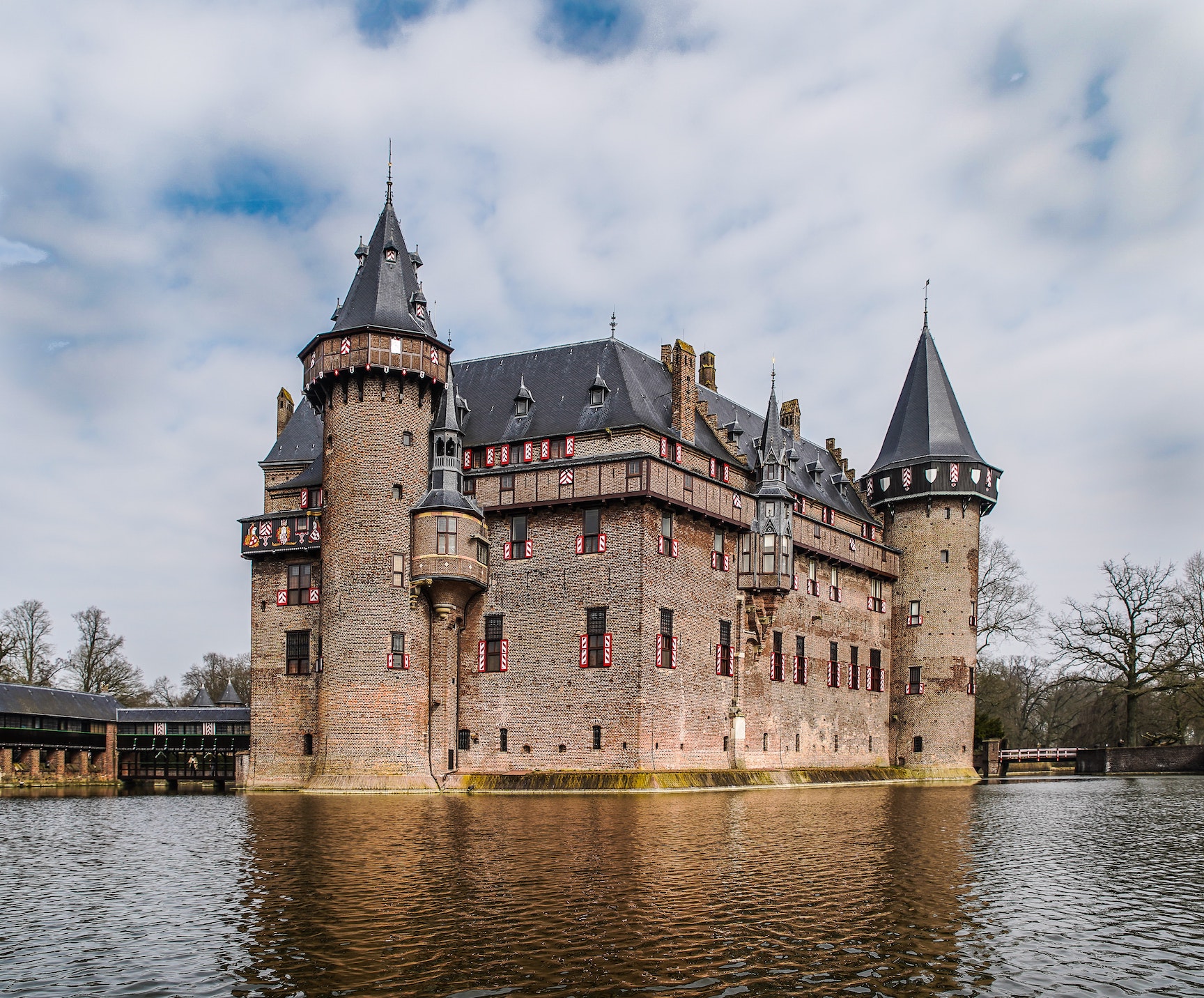 A large castle surrounded by a moat