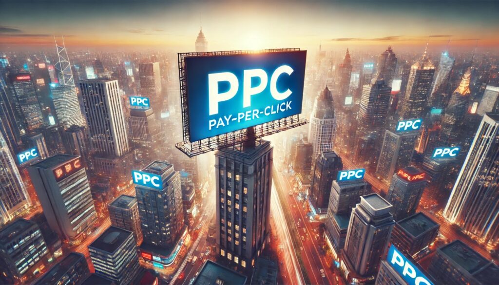 a large billboard above a big city with the letters, PPC on it 