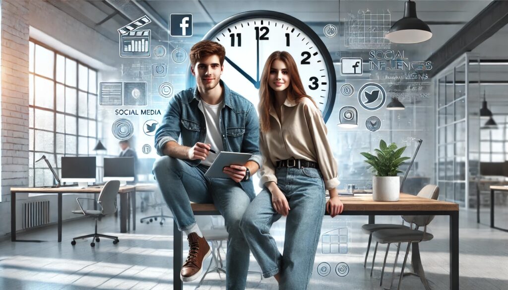 two social media influencers with a clock in the background 