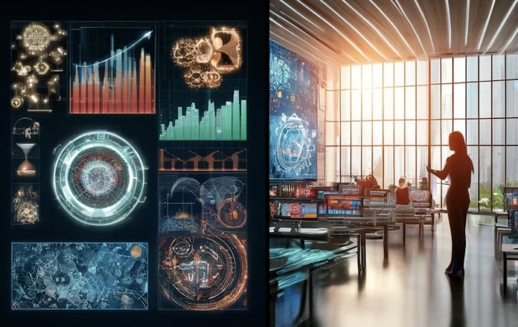 A split graphic image of a set of graphs on one side with a female entrepreneur on the other side looking out over a high tech office space 