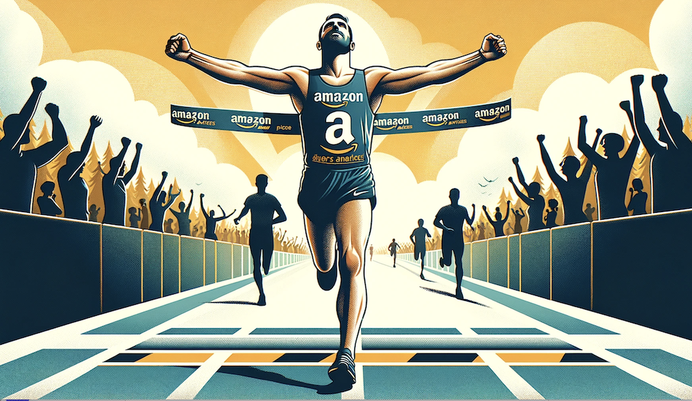 A stylized image of a man wearing an amazon racing tank top winning a race in front of cheering spectators