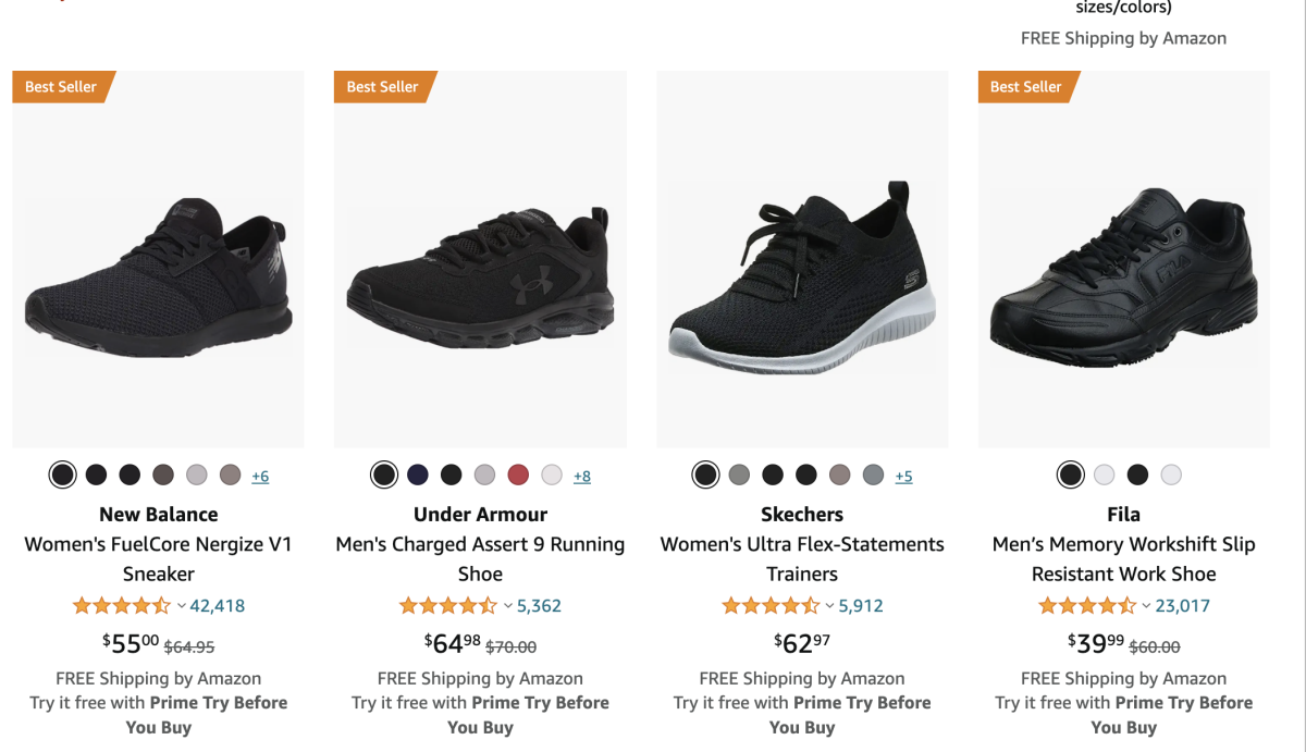 An Amazon page showing 4, almost identical black shoes on a product page 