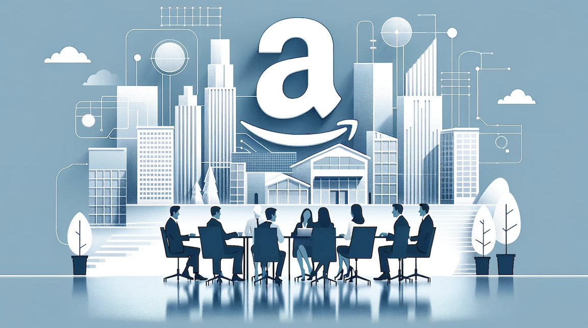 A graphic image of a group of 9 businessmen and women sitting around a table in business attire in front of a view of a large cityscape and the "A" logo of Amazon